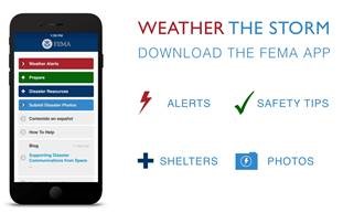 Main screen of the FEMA Mobile App highlighting four top menu items: Weather Alerts - Receive alerts from the National Weather Service for up to five locations; Prepare - Get safety reminders, read tips to survive natural disasters, and customize your emergency checklist; Disaster Support - Locate open shelters and where to talk to FEMA in person (or on the phone); and Submit Disaster Photos - Upload and share your disaster photos to help first responders. Additional menu items shown include Contenido en español (Content in Spanish), How to Help, and Blog.